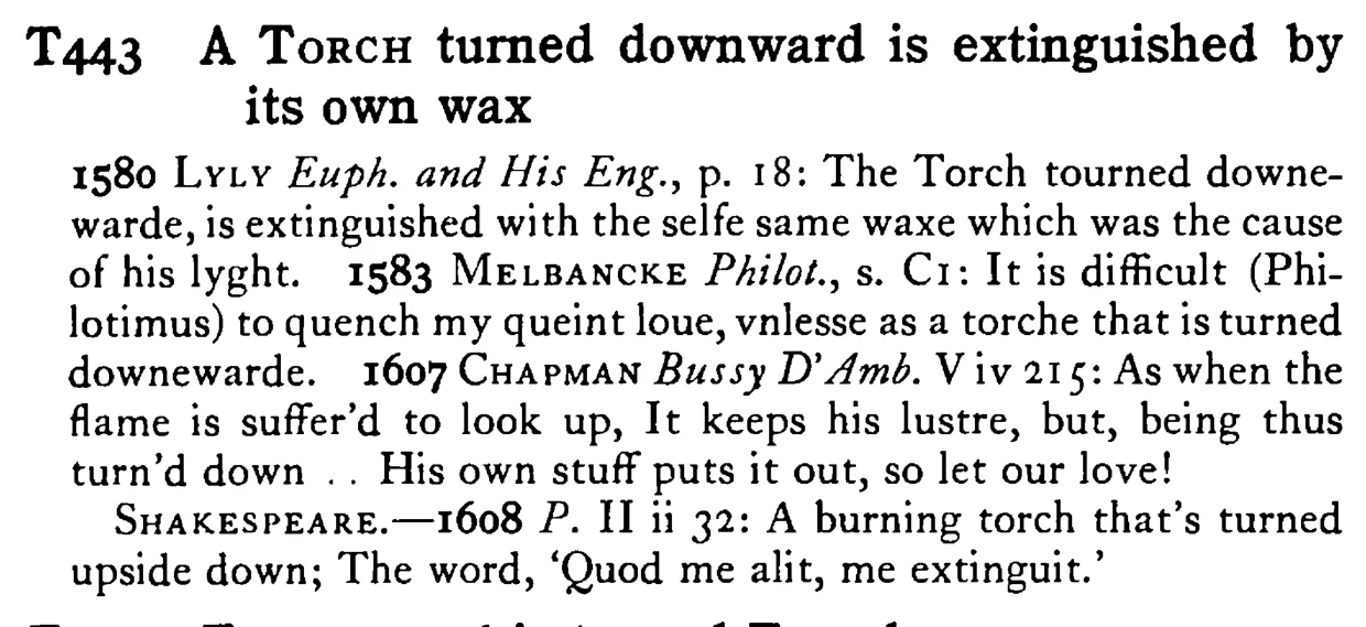 A TORCH turned downward is extinguished by its own wax - a scanned entry from Tilley's 1950 Dictionary of Proverbs.