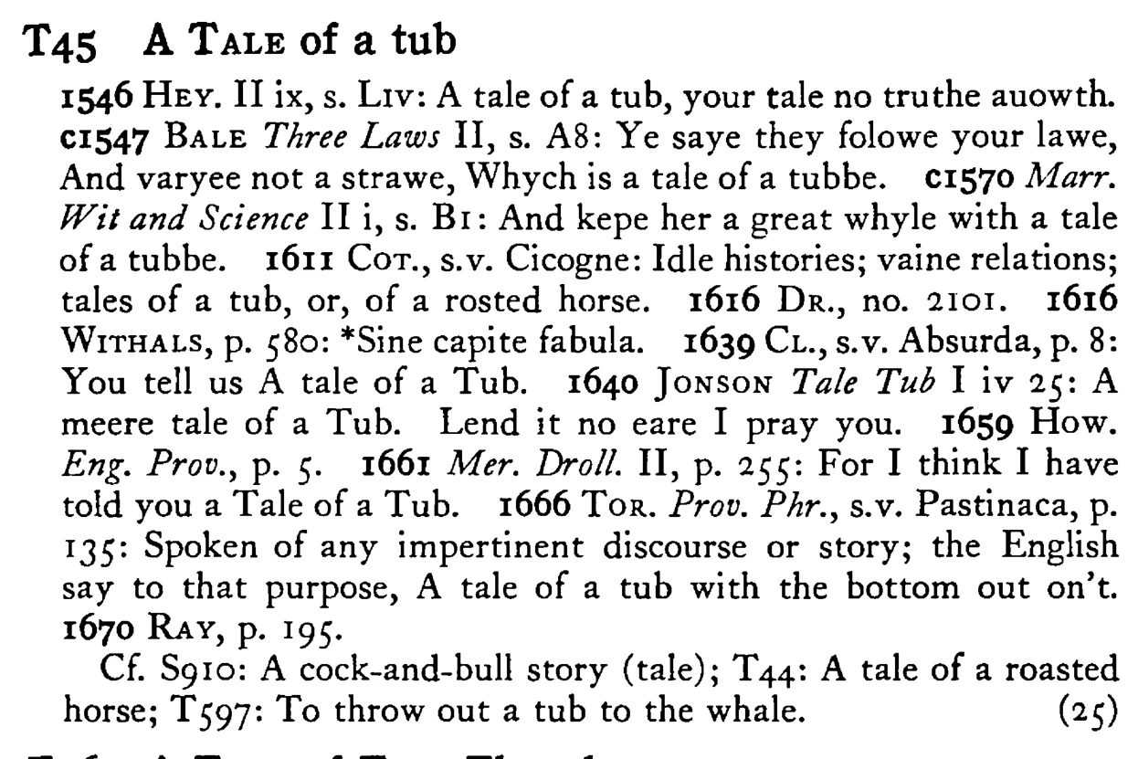 A TALE of a tub - a scanned entry from Tilley's 1950 Dictionary of Proverbs.