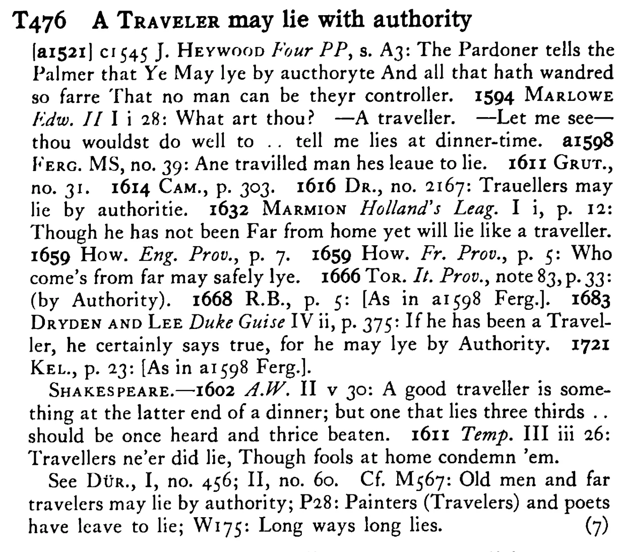 A TRAVELER may lie with authority - a scanned entry from Tilley's 1950 Dictionary of Proverbs.