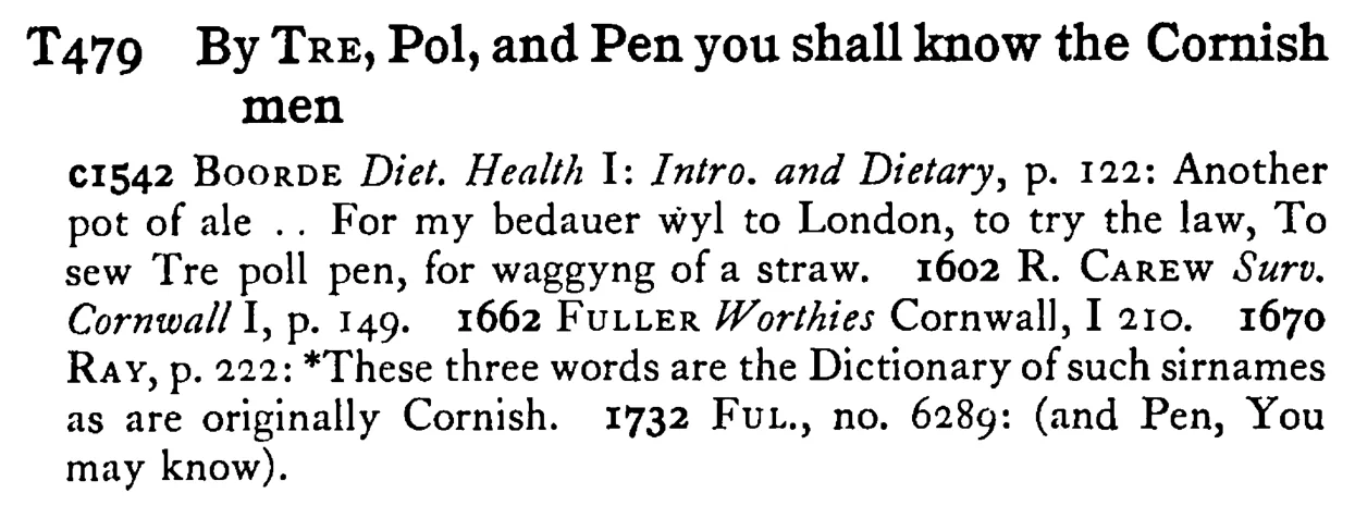 By TRE, Pol, and Pen you shall know the Cornish men - a scanned entry from Tilley's 1950 Dictionary of Proverbs.