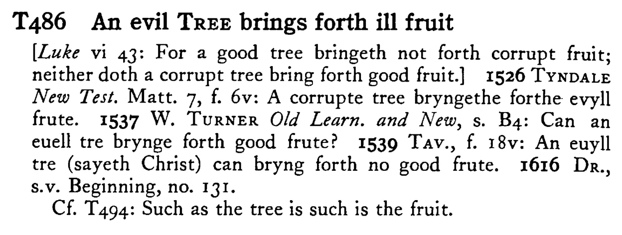 An evil TREE brings forth ill fruit - a scanned entry from Tilley's 1950 Dictionary of Proverbs.