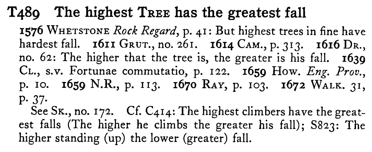 The highest TREE has the greatest fall - a scanned entry from Tilley's 1950 Dictionary of Proverbs.