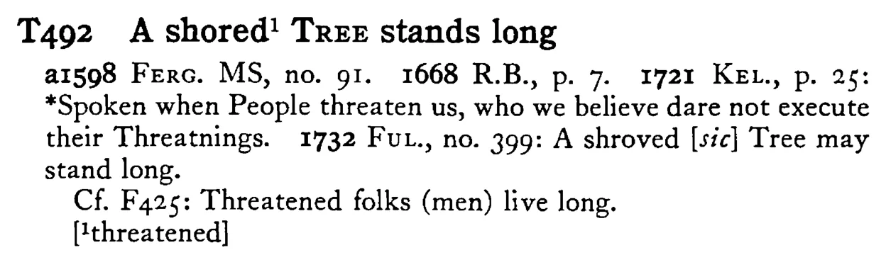 A shored¹ TREE stands long - a scanned entry from Tilley's 1950 Dictionary of Proverbs.