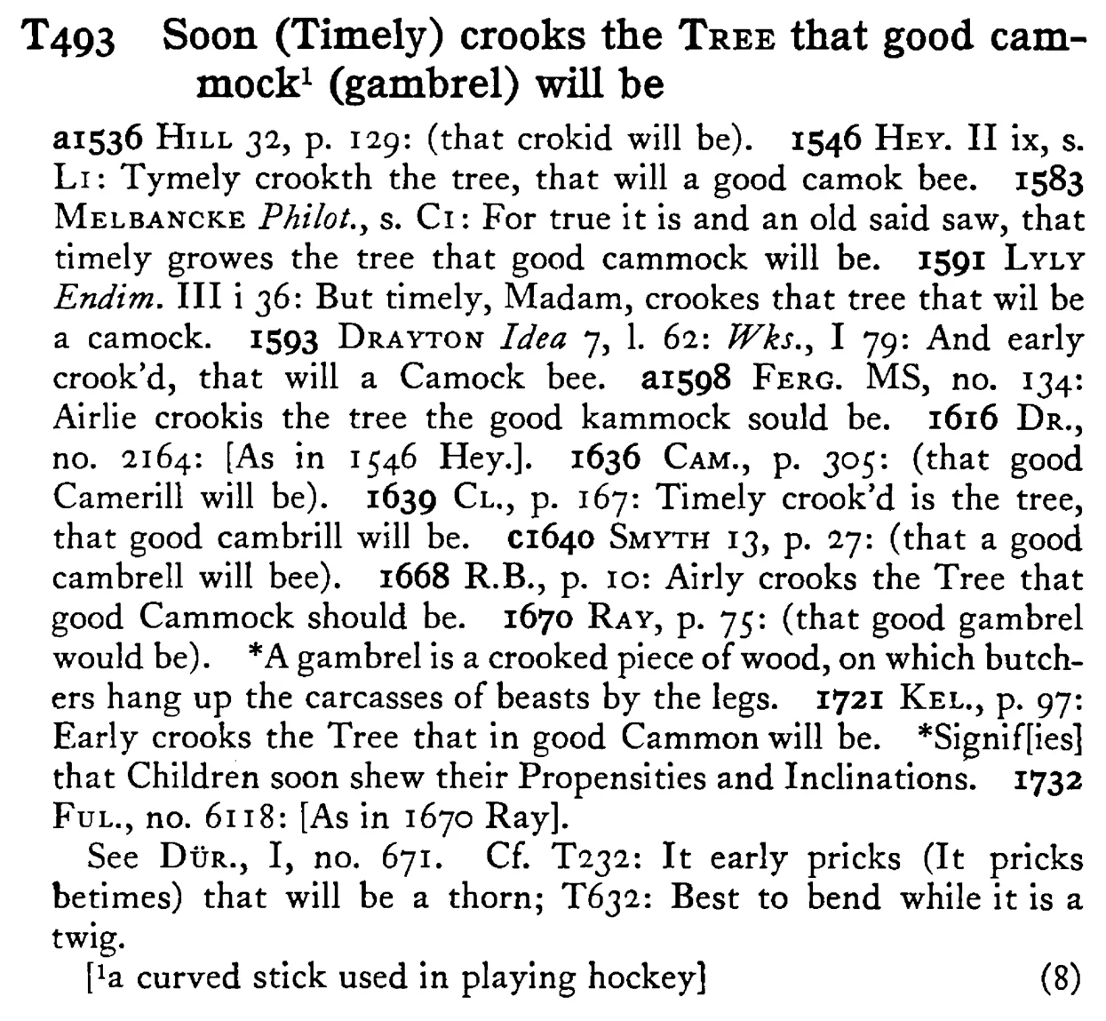 Soon (Timely) crooks the TREE that good cammock¹ (gambrel) will be - a scanned entry from Tilley's 1950 Dictionary of Proverbs.
