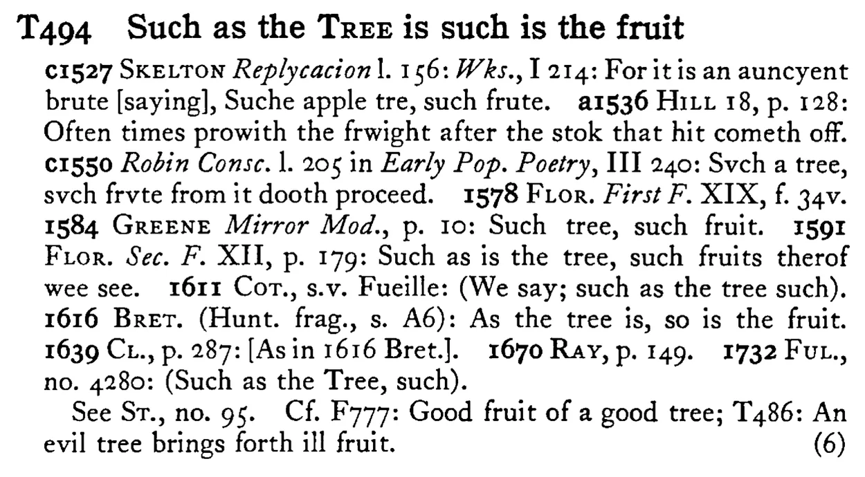 Such as the TREE is such is the fruit - a scanned entry from Tilley's 1950 Dictionary of Proverbs.