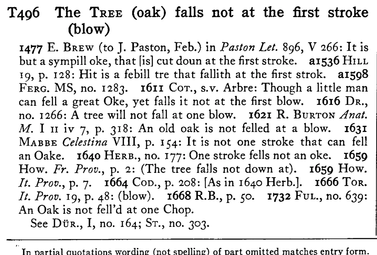 The TREE (oak) falls not at the first stroke (blow) - a scanned entry from Tilley's 1950 Dictionary of Proverbs.