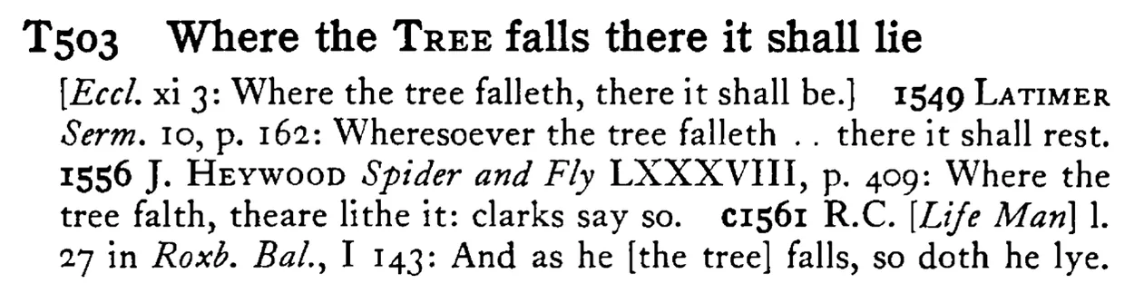 Where the TREE falls there it shall lie - a scanned entry from Tilley's 1950 Dictionary of Proverbs.