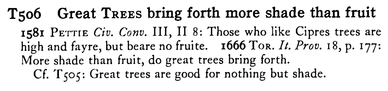 Great TREES bring forth more shade than fruit - a scanned entry from Tilley's 1950 Dictionary of Proverbs.