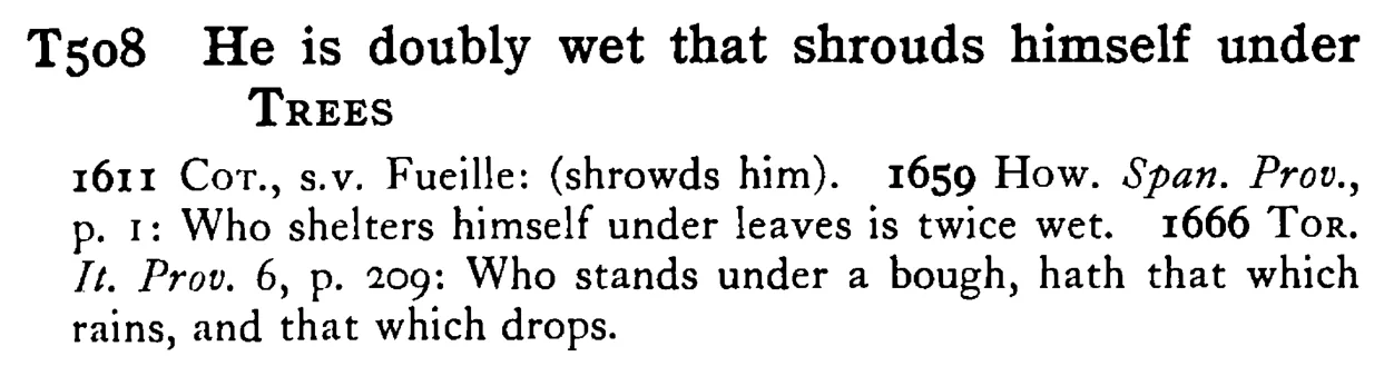 He is doubly wet that shrouds himself under TREES - a scanned entry from Tilley's 1950 Dictionary of Proverbs.
