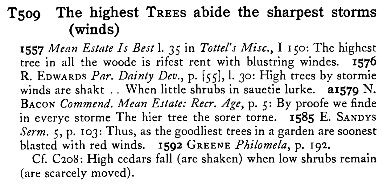 The highest TREES abide the sharpest storms (winds) - a scanned entry from Tilley's 1950 Dictionary of Proverbs.