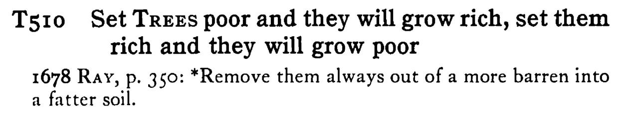 Set TREES poor and they will grow rich, set them rich and they will grow poor - a scanned entry from Tilley's 1950 Dictionary of Proverbs.