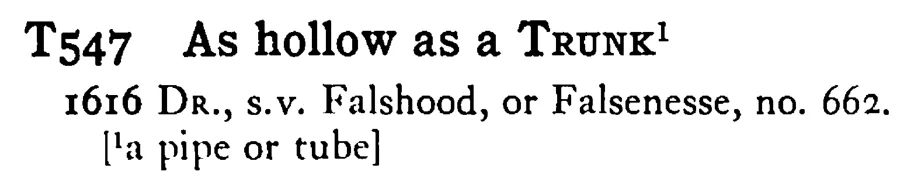 As hollow as a TRUNK¹ - a scanned entry from Tilley's 1950 Dictionary of Proverbs.