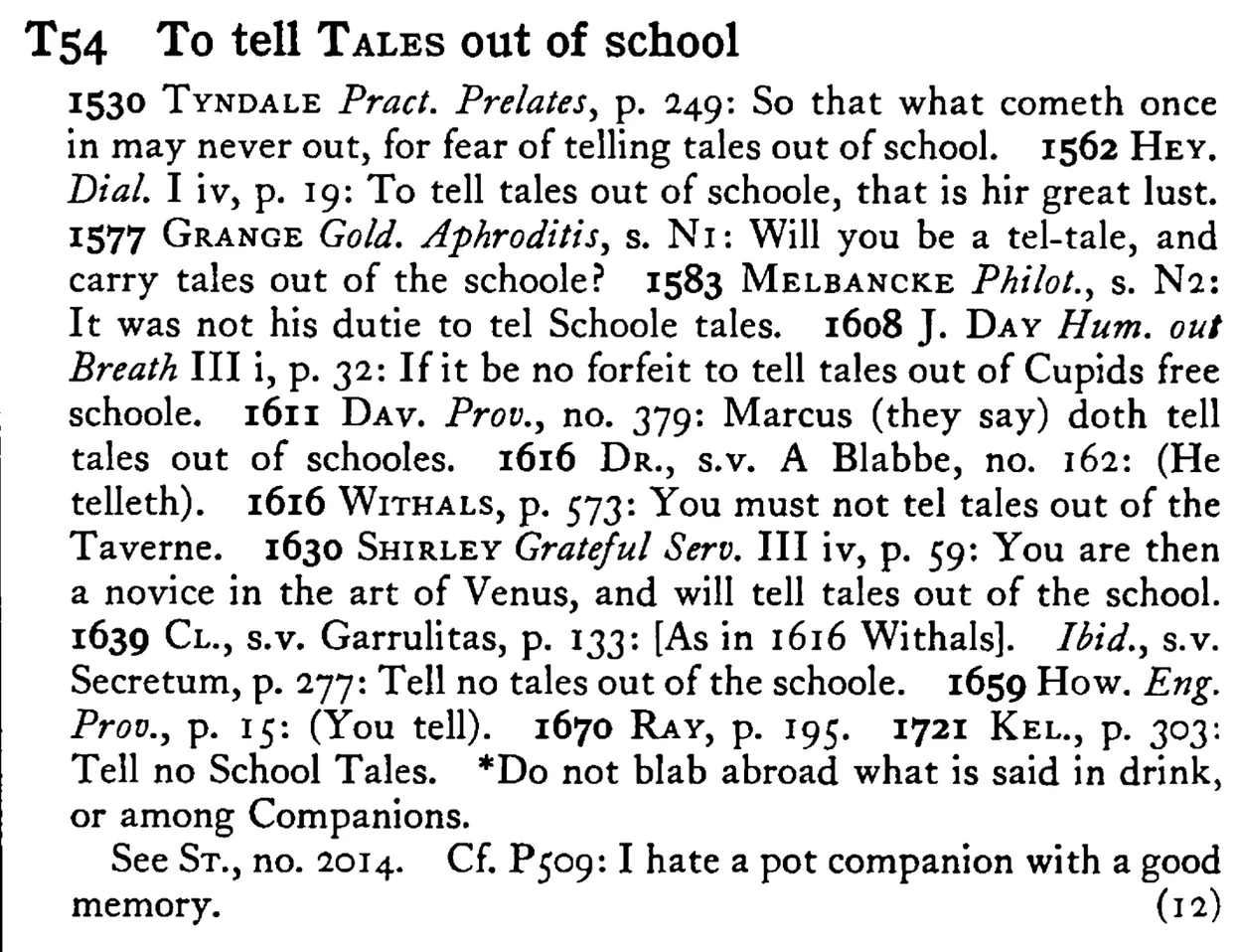 To tell TALES out of school - a scanned entry from Tilley's 1950 Dictionary of Proverbs.