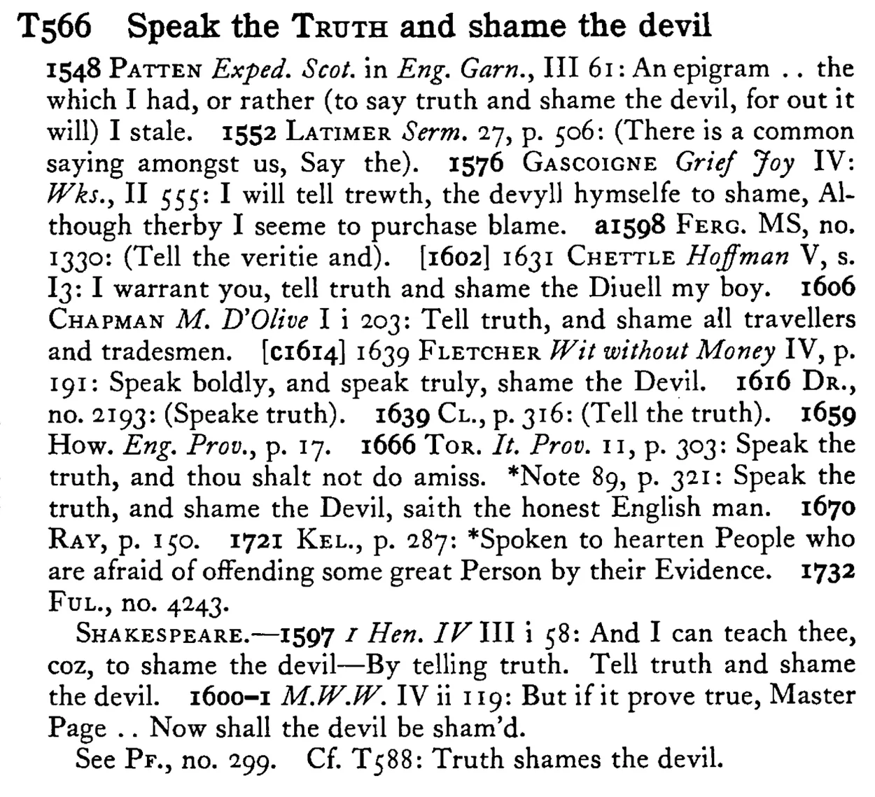 Speak the TRUTH and shame the devil - a scanned entry from Tilley's 1950 Dictionary of Proverbs.