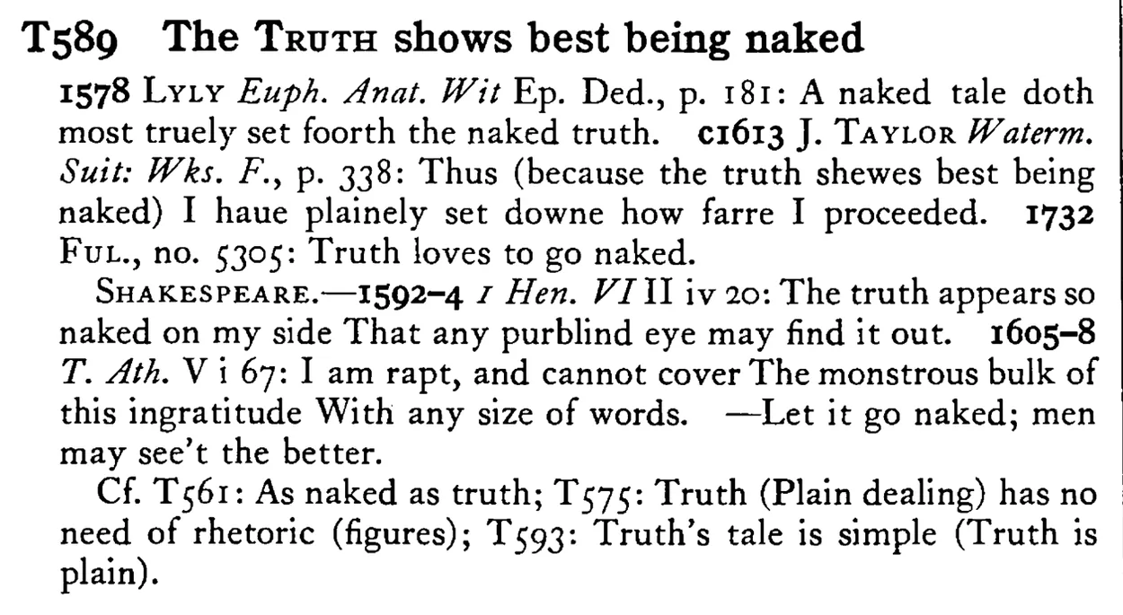 The TRUTH shows best being naked - a scanned entry from Tilley's 1950 Dictionary of Proverbs.
