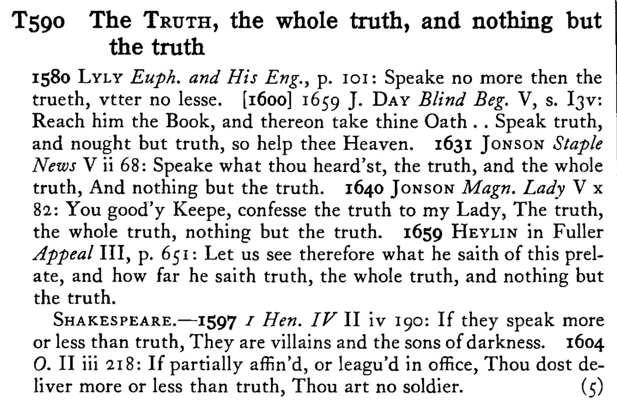 The TRUTH, the whole truth, and nothing but the truth - a scanned entry from Tilley's 1950 Dictionary of Proverbs.