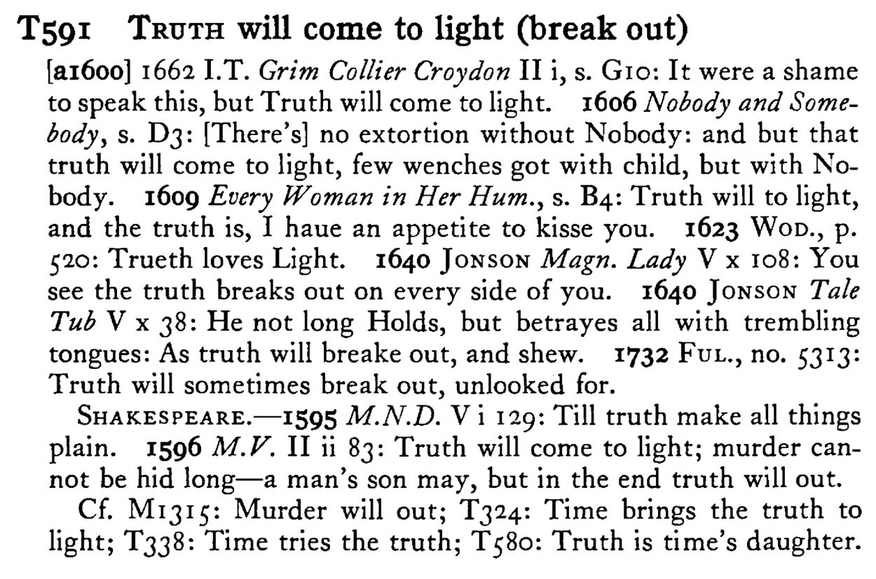 TRUTH will come to light (break out) - a scanned entry from Tilley's 1950 Dictionary of Proverbs.