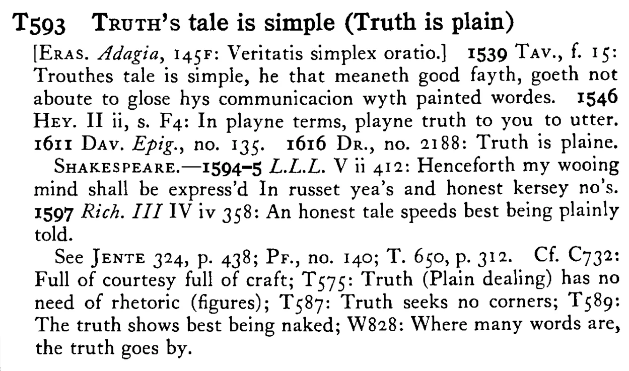 TRUTH's tale is simple (Truth is plain) - a scanned entry from Tilley's 1950 Dictionary of Proverbs.