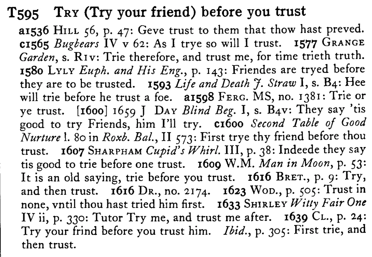 TRY (Try your friend) before you trust - a scanned entry from Tilley's 1950 Dictionary of Proverbs.