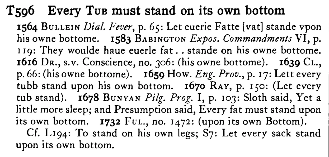 Every TUB must stand on its own bottom - a scanned entry from Tilley's 1950 Dictionary of Proverbs.