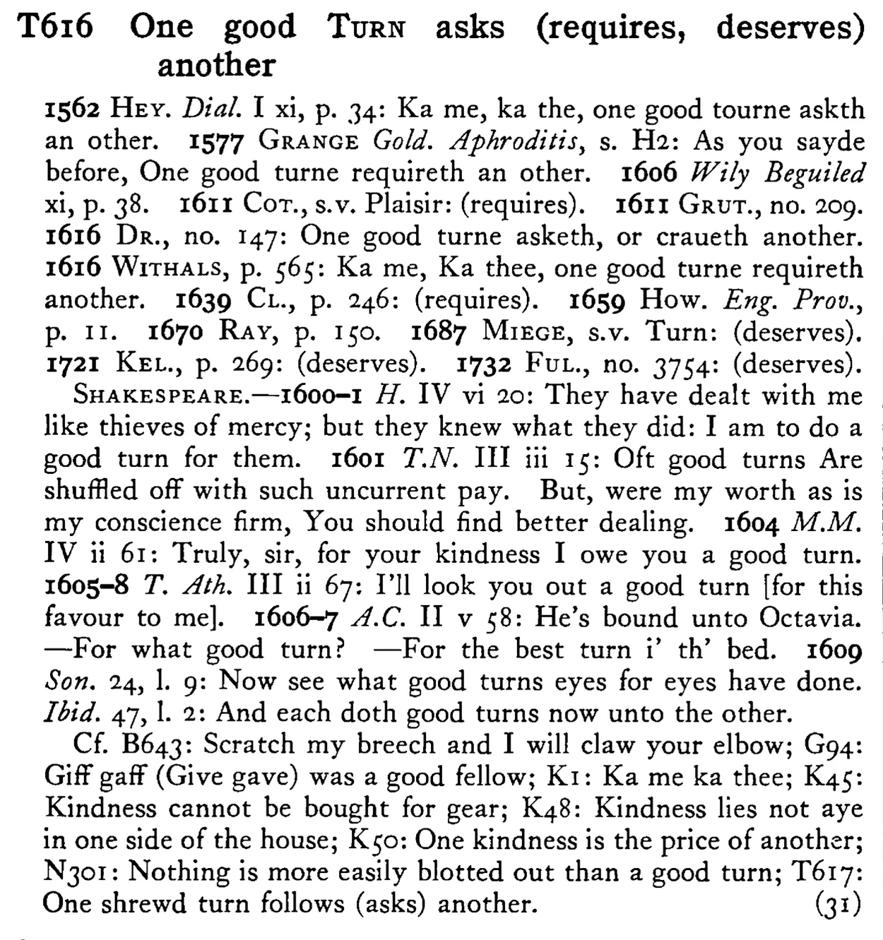 One good TURN asks (requires, deserves) another - a scanned entry from Tilley's 1950 Dictionary of Proverbs.
