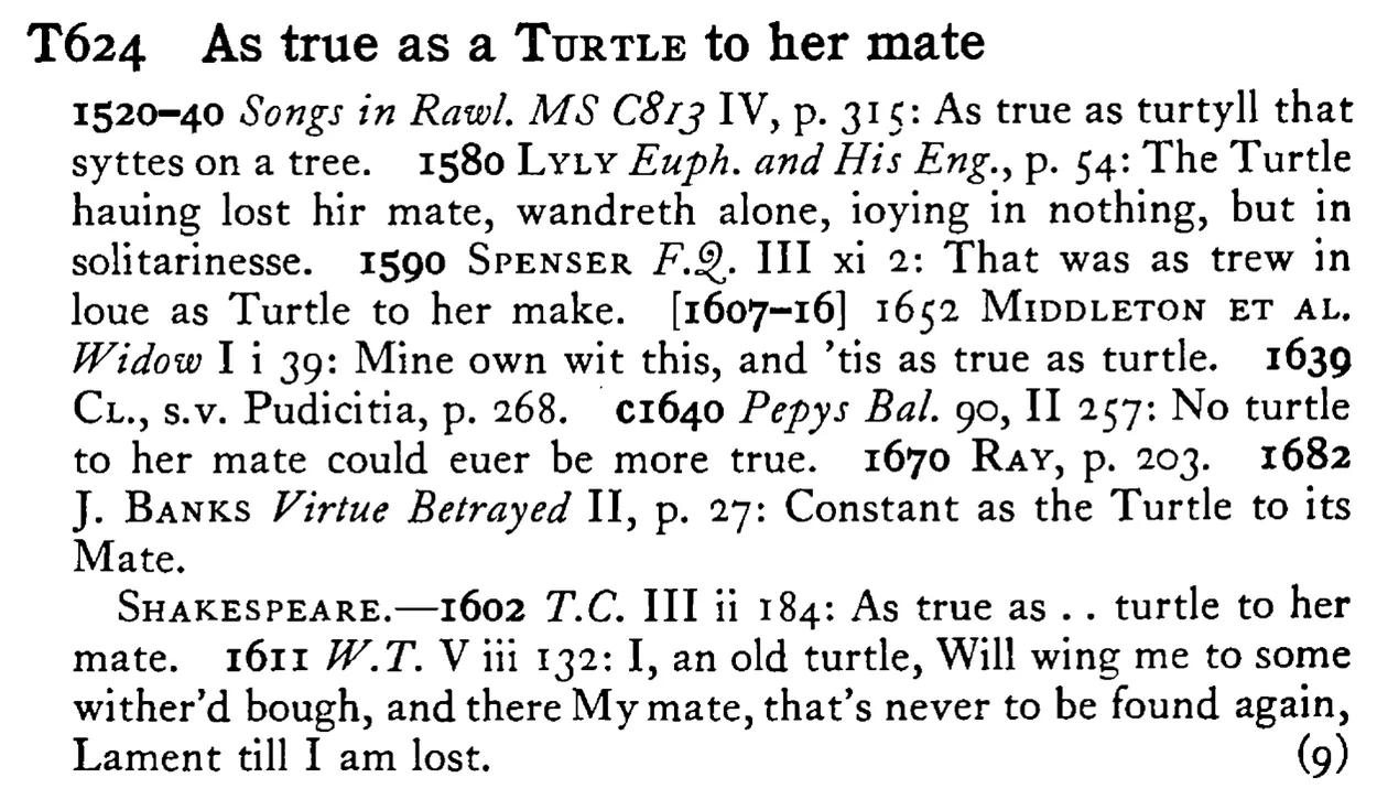 As true as a TURTLE to her mate - a scanned entry from Tilley's 1950 Dictionary of Proverbs.