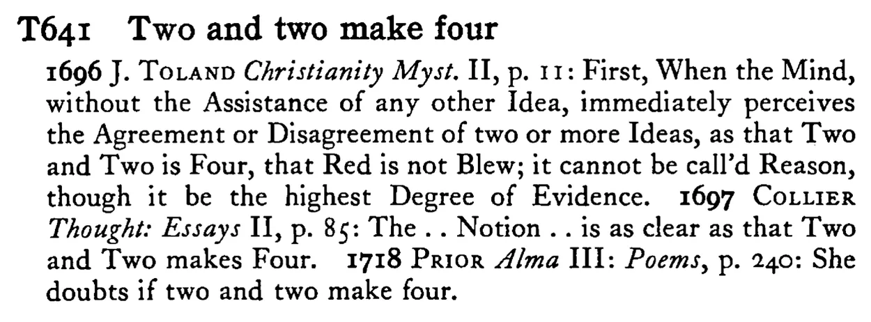 TWO and two make four - a scanned entry from Tilley's 1950 Dictionary of Proverbs.