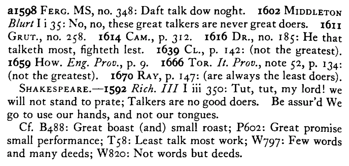 The greatest TALKERS are the least (not the greatest) doers - a scanned entry from Tilley's 1950 Dictionary of Proverbs. (continuation)