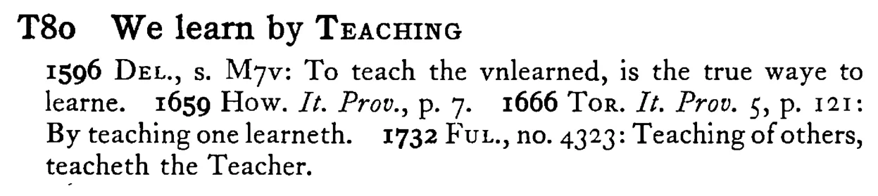We learn by TEACHING - a scanned entry from Tilley's 1950 Dictionary of Proverbs.
