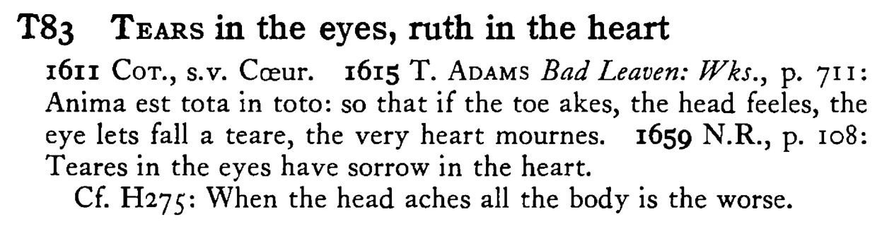 TEARS in the eyes, ruth in the heart - a scanned entry from Tilley's 1950 Dictionary of Proverbs.