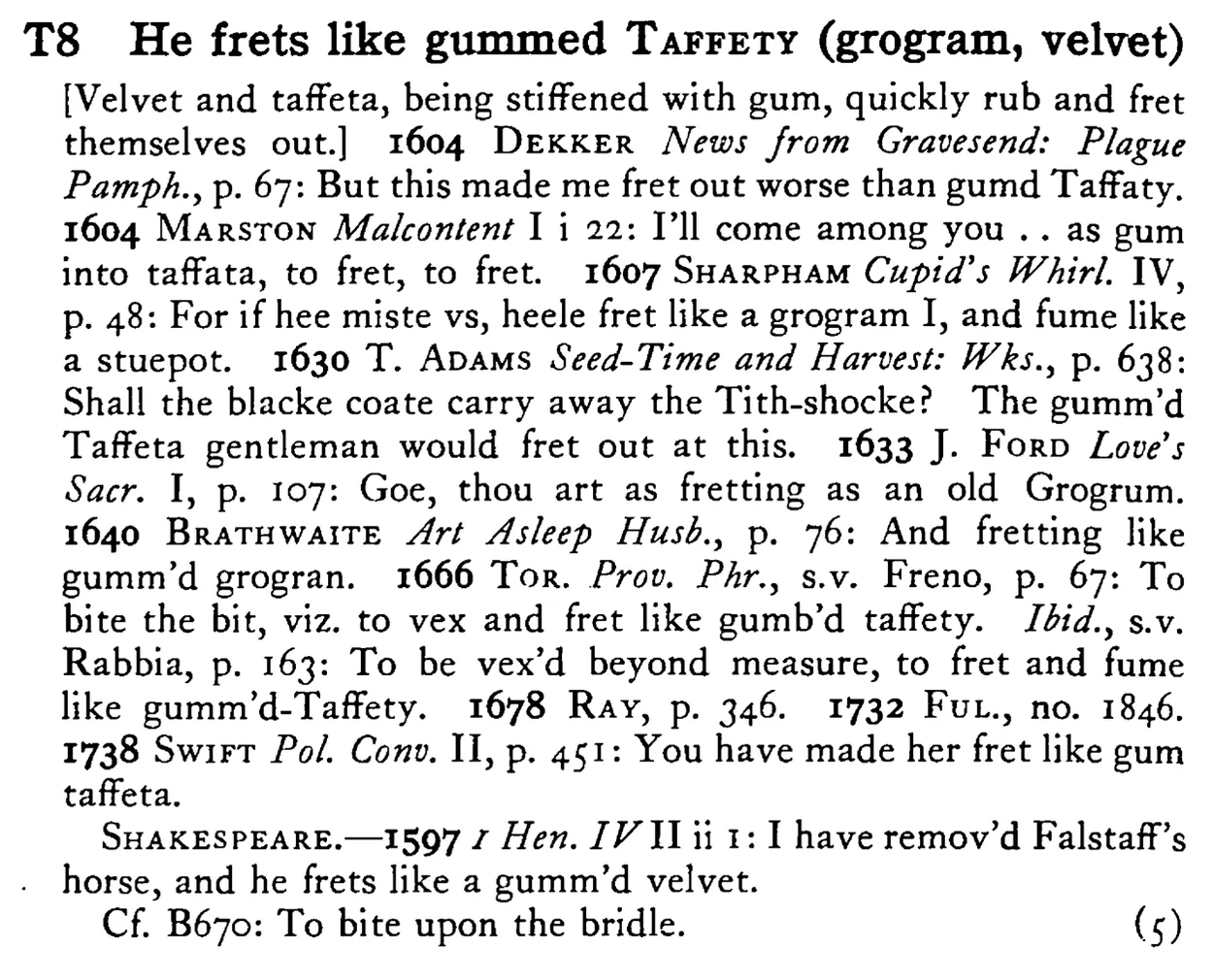 He frets like gummed TAFFETY (grogram, velvet) - a scanned entry from Tilley's 1950 Dictionary of Proverbs.