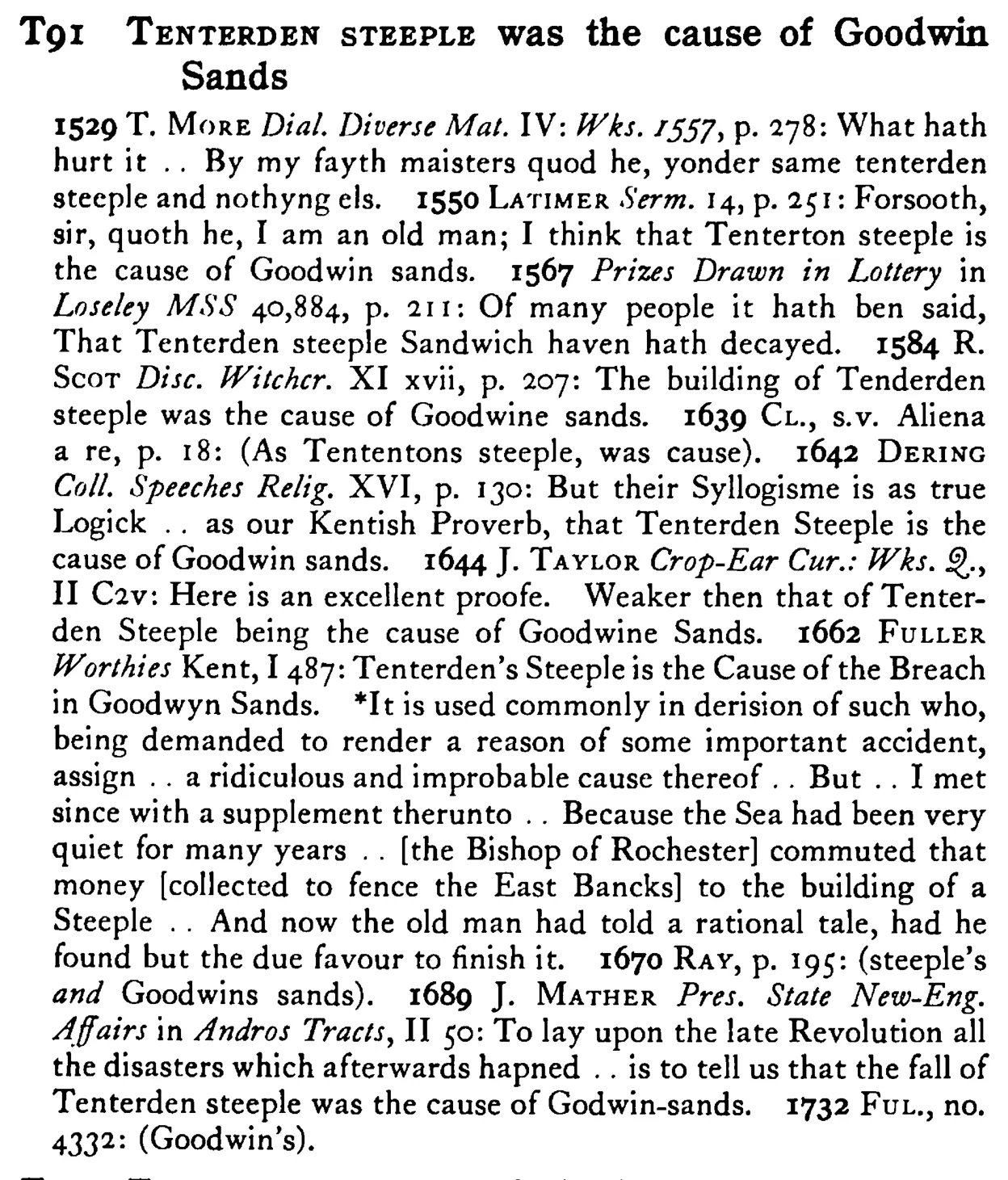TENTERDEN STEEPLE was the cause of Goodwin Sands - a scanned entry from Tilley's 1950 Dictionary of Proverbs.