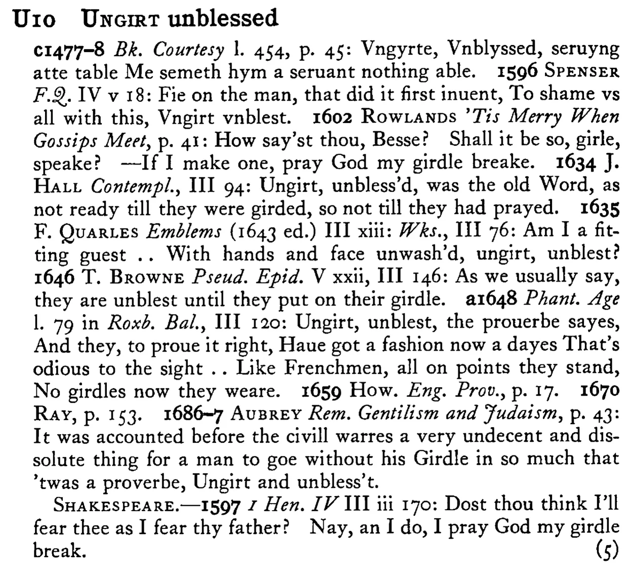 UNGIRT unblessed - a scanned entry from Tilley's 1950 Dictionary of Proverbs.