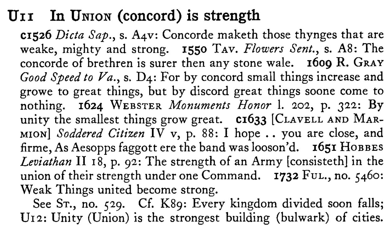 In UNION (concord) is strength - a scanned entry from Tilley's 1950 Dictionary of Proverbs.