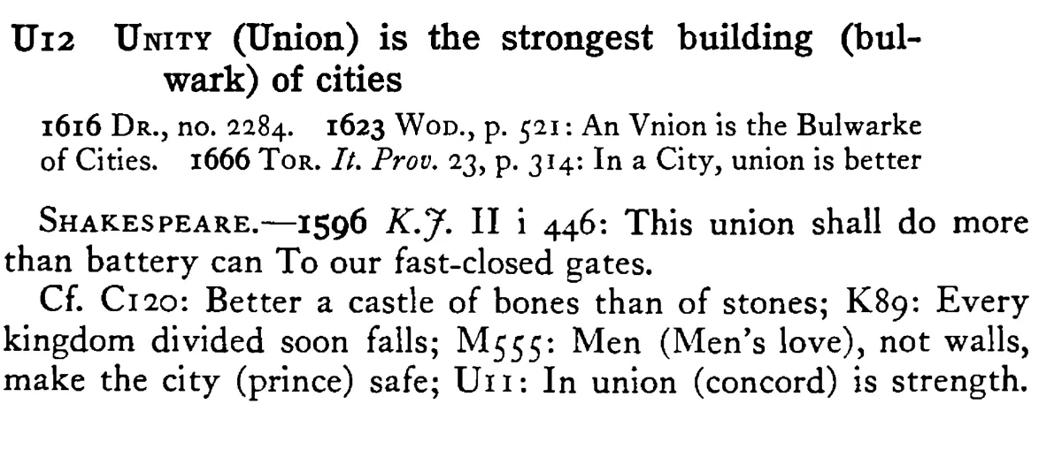 UNITY (Union) is the strongest building (bulwark) of cities - a scanned entry from Tilley's 1950 Dictionary of Proverbs.