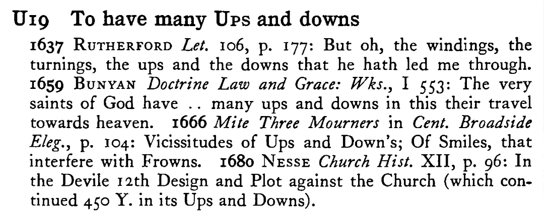 To have many UPS and downs - a scanned entry from Tilley's 1950 Dictionary of Proverbs.