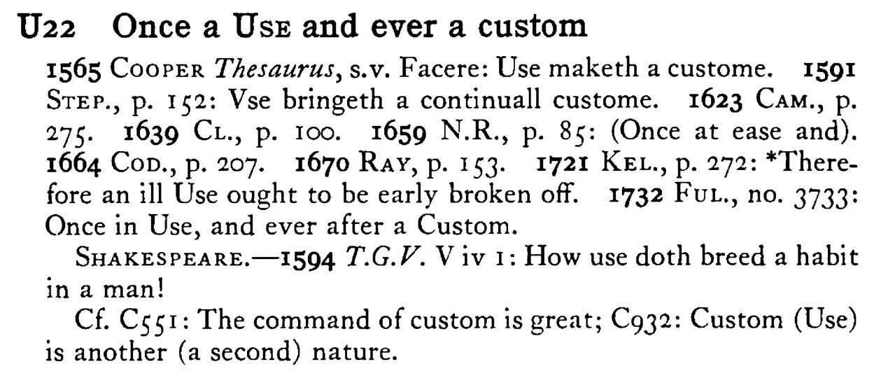 Once a USE and ever a custom - a scanned entry from Tilley's 1950 Dictionary of Proverbs.