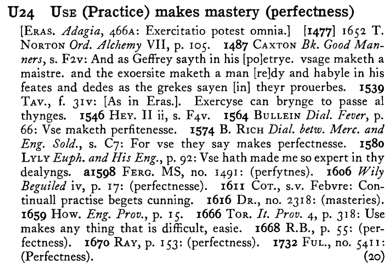 USE (Practice) makes mastery (perfectness) - a scanned entry from Tilley's 1950 Dictionary of Proverbs.
