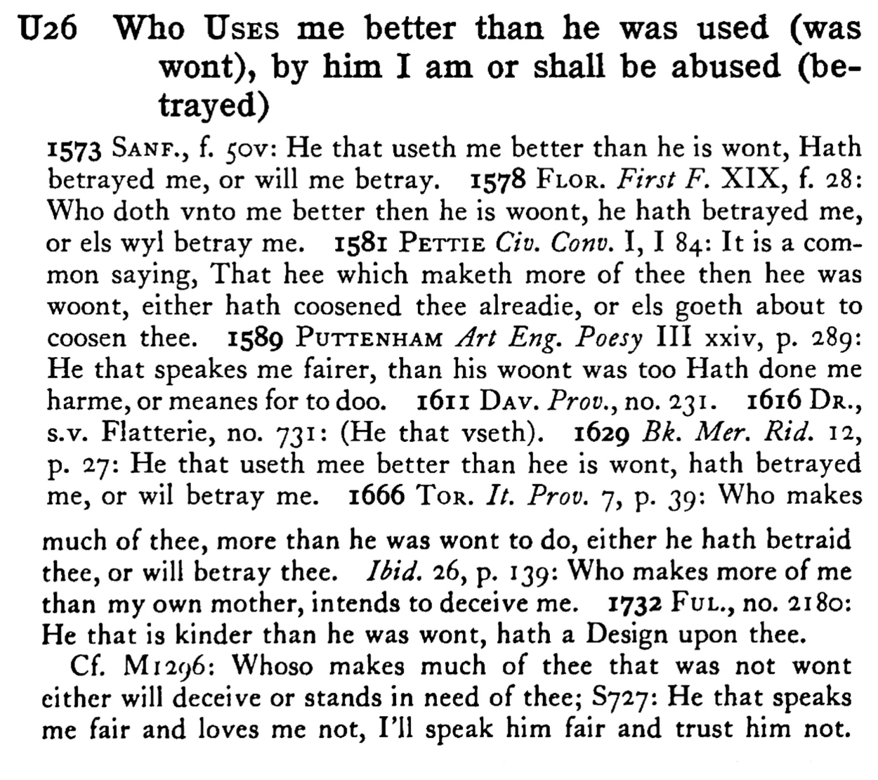 Who USES me better than he was used (was wont), by him I am or shall be abused (betrayed) - a scanned entry from Tilley's 1950 Dictionary of Proverbs.