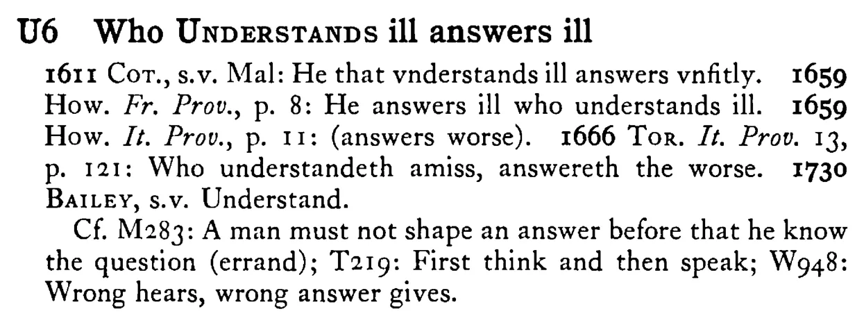 Who UNDERSTANDS ill answers ill - a scanned entry from Tilley's 1950 Dictionary of Proverbs.