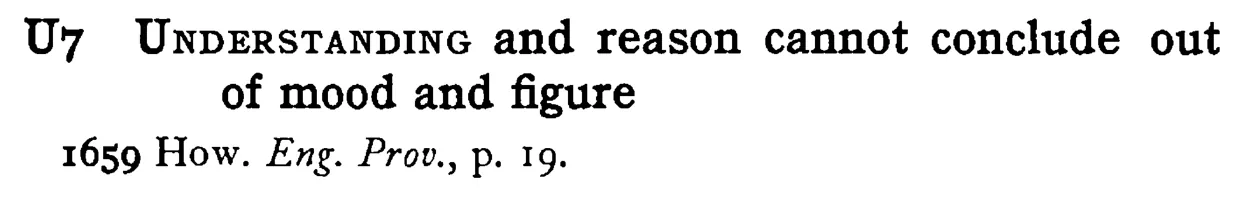 UNDERSTANDING and reason cannot conclude out of mood and figure - a scanned entry from Tilley's 1950 Dictionary of Proverbs.