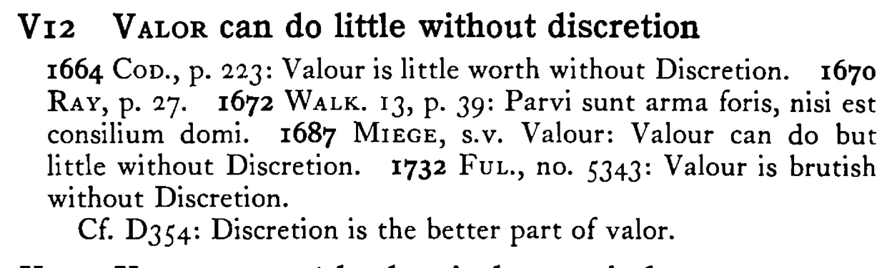 VALOR can do little without discretion - a scanned entry from Tilley's 1950 Dictionary of Proverbs.