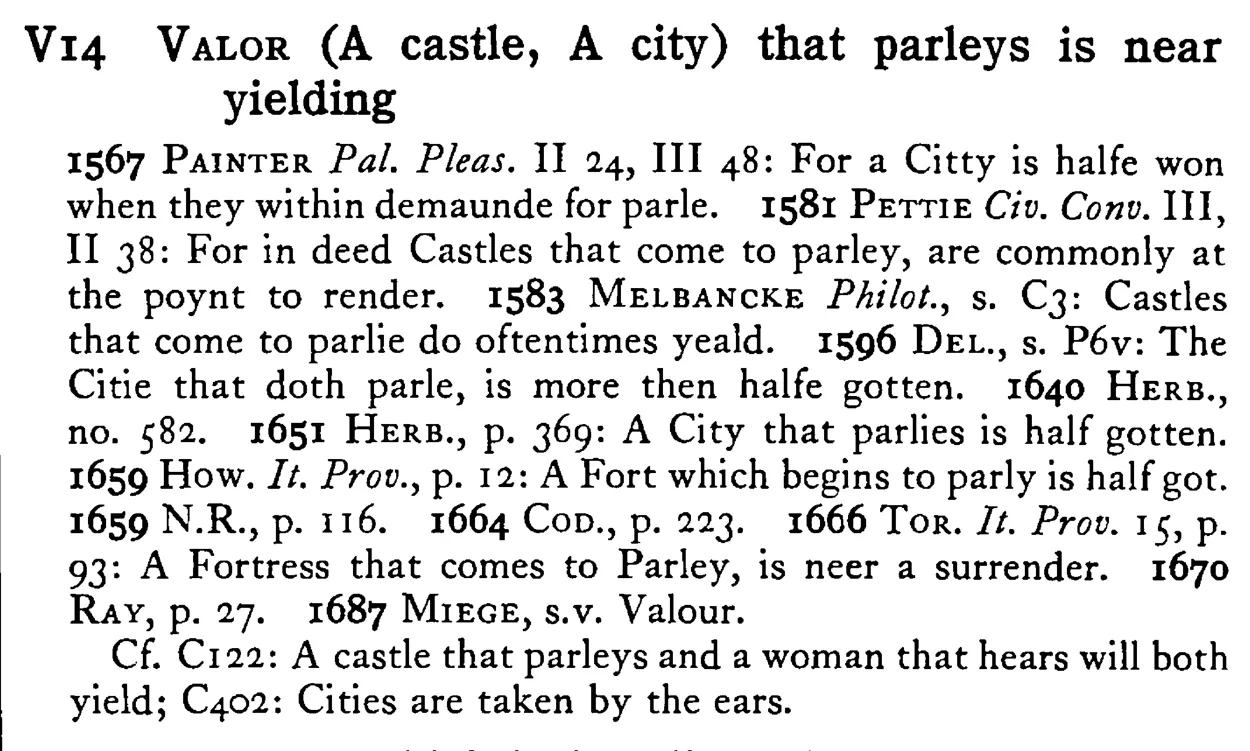 VALOR (A castle, A city) that parleys is near yielding - a scanned entry from Tilley's 1950 Dictionary of Proverbs.