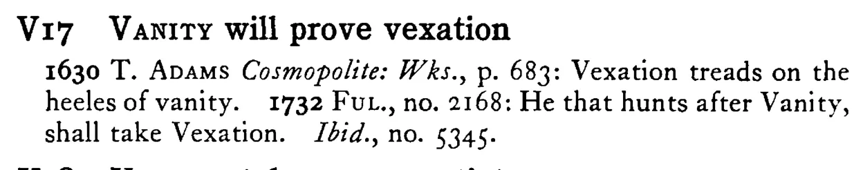VANITY will prove vexation - a scanned entry from Tilley's 1950 Dictionary of Proverbs.