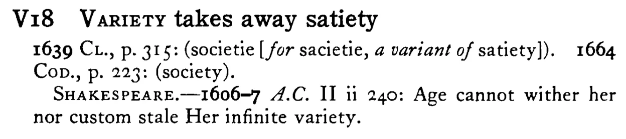 VARIETY takes away satiety - a scanned entry from Tilley's 1950 Dictionary of Proverbs.