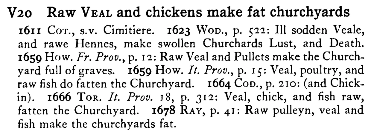 Raw VEAL and chickens make fat churchyards - a scanned entry from Tilley's 1950 Dictionary of Proverbs.