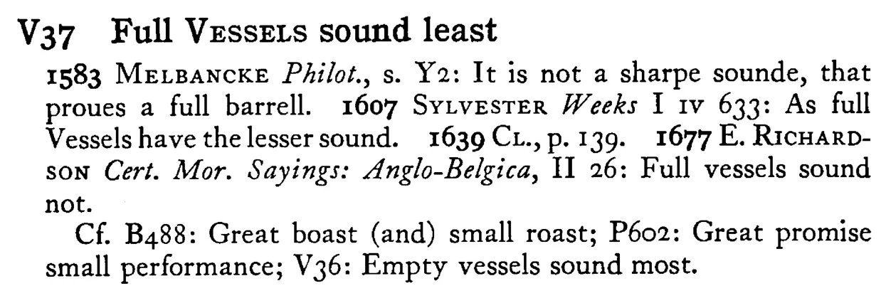 Full VESSELS sound least - a scanned entry from Tilley's 1950 Dictionary of Proverbs.