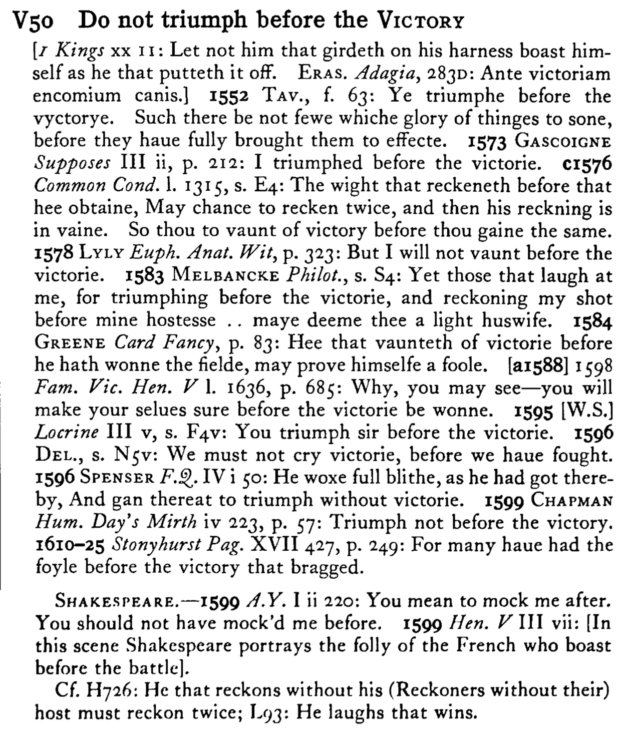 Do not triumph before the VICTORY - a scanned entry from Tilley's 1950 Dictionary of Proverbs.