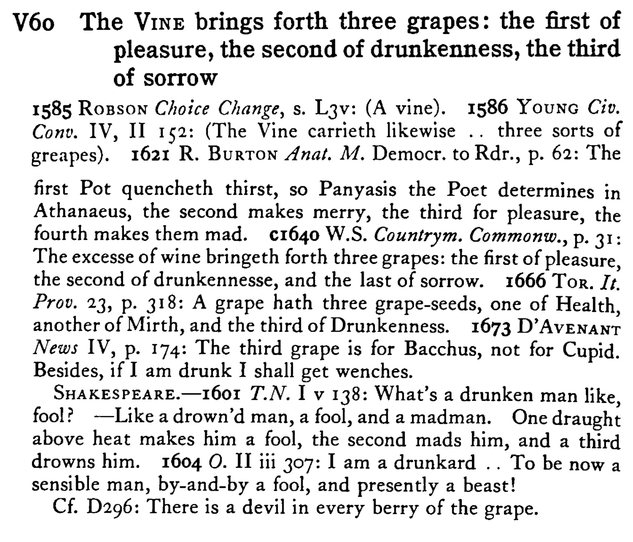 The VINE brings forth three grapes: the first of pleasure, the second of drunkenness, the third of sorrow - a scanned entry from Tilley's 1950 Dictionary of Proverbs.