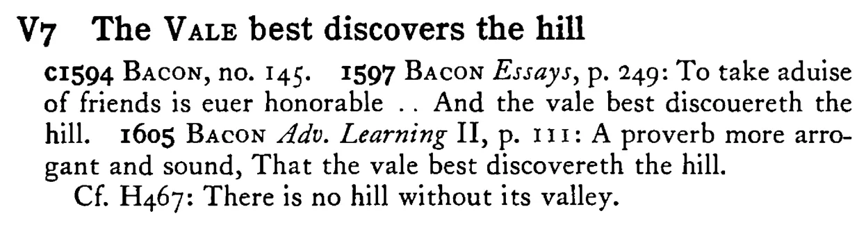 The VALE best discovers the hill - a scanned entry from Tilley's 1950 Dictionary of Proverbs.